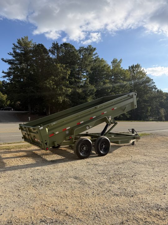New 2026 Iron Bull Dump Trailer / DTB Series / 83" Wide x 16' Long / Scissor Hoist / Ramp / Tarp / 24" High Sides / Military Green Color