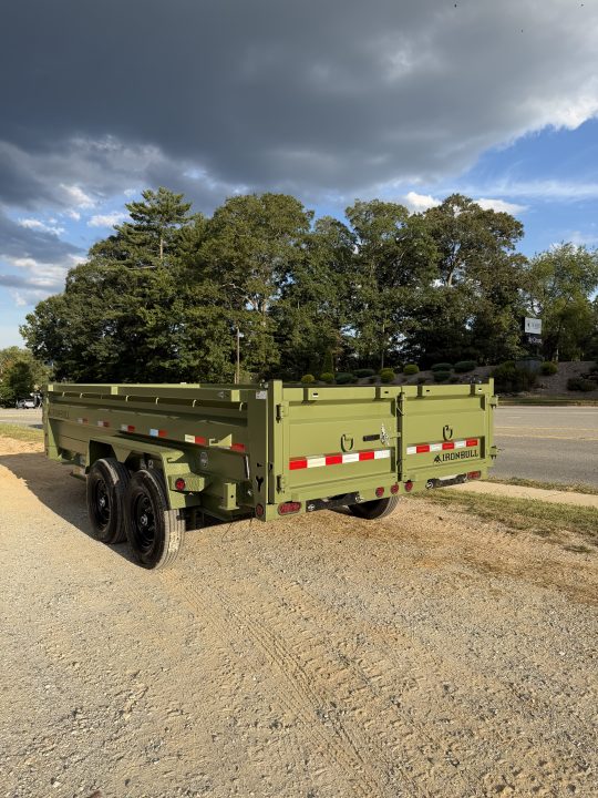 New 2026 Iron Bull Dump Trailer / DTB Series / 83" Wide x 16' Long / Scissor Hoist / Ramp / Tarp / 24" High Sides / Military Green Color