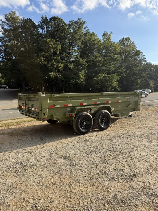 New 2026 Iron Bull Dump Trailer / DTB Series / 83" Wide x 16' Long / Scissor Hoist / Ramp / Tarp / 24" High Sides / Military Green Color