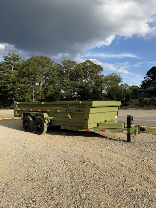 New 2026 Iron Bull Dump Trailer / DTB Series / 83" Wide x 16' Long / Scissor Hoist / Ramp / Tarp / 24" High Sides / Military Green Color