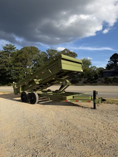 New 2026 Iron Bull Dump Trailer / DTB Series / 83" Wide x 16' Long / Scissor Hoist / Ramp / Tarp / 24" High Sides / Military Green Color