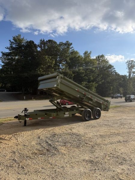 New 2026 Iron Bull Dump Trailer / DTB Series / 83" Wide x 16' Long / Scissor Hoist / Ramp / Tarp / 24" High Sides / Military Green Color