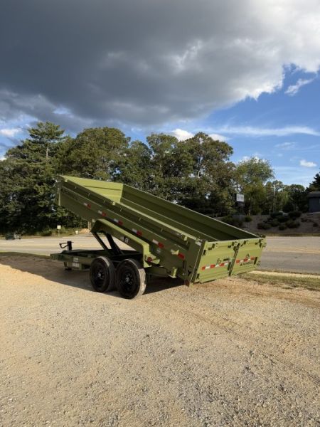 New 2026 Iron Bull Dump Trailer / DTB Series / 83" Wide x 16' Long / Scissor Hoist / Ramp / Tarp / 24" High Sides / Military Green Color
