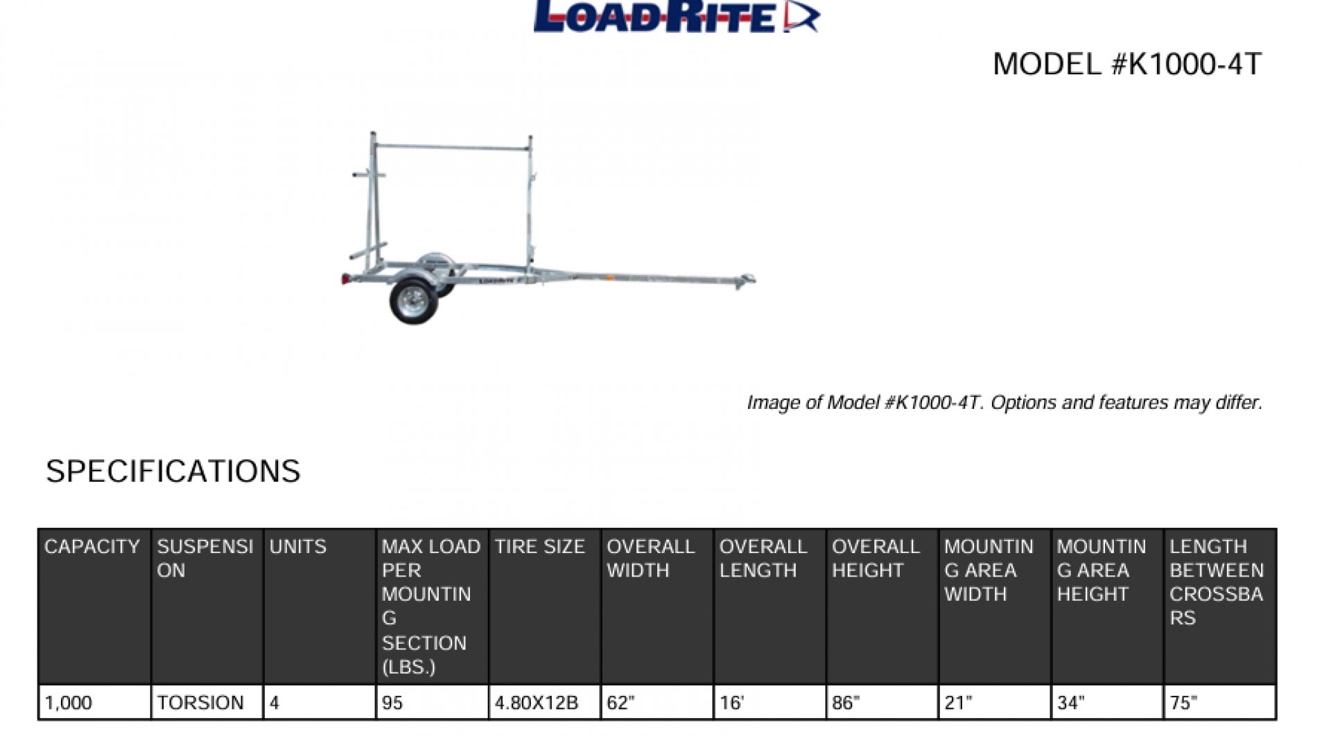 New 2026 Load Rite 4 Place Kayak Trailer w/ Swing up Jack