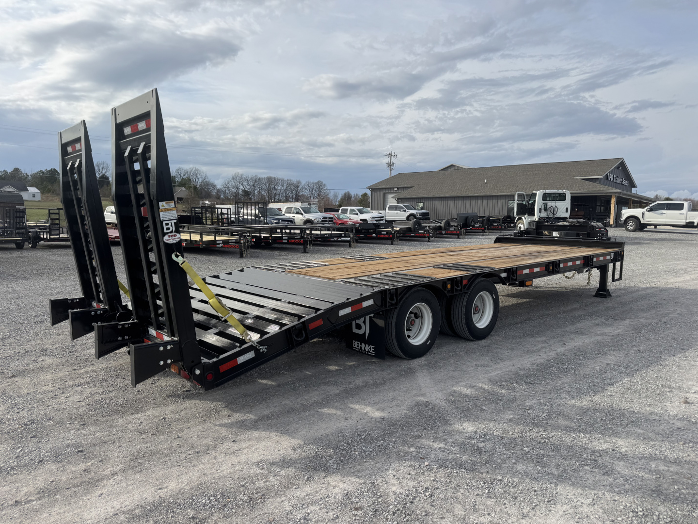 New 2027 Behnke 102"x27' 20 TON Pintle Hitch Tag Trailer *AIR RAMPS*