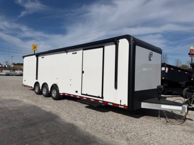 New In-Tech Lite 8.5x32 Race Trailer-18K - White W/ Black Trim RS Cabinet, Winch & WW Cabinet