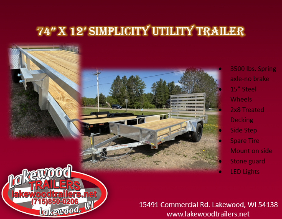 New 2026 Quality Aluminum 74" x 12' Simplicity Utility Trailer