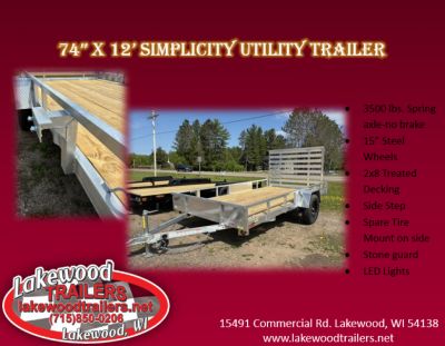 New 2026 Quality Aluminum 74" x 12' Simplicity Utility Trailer