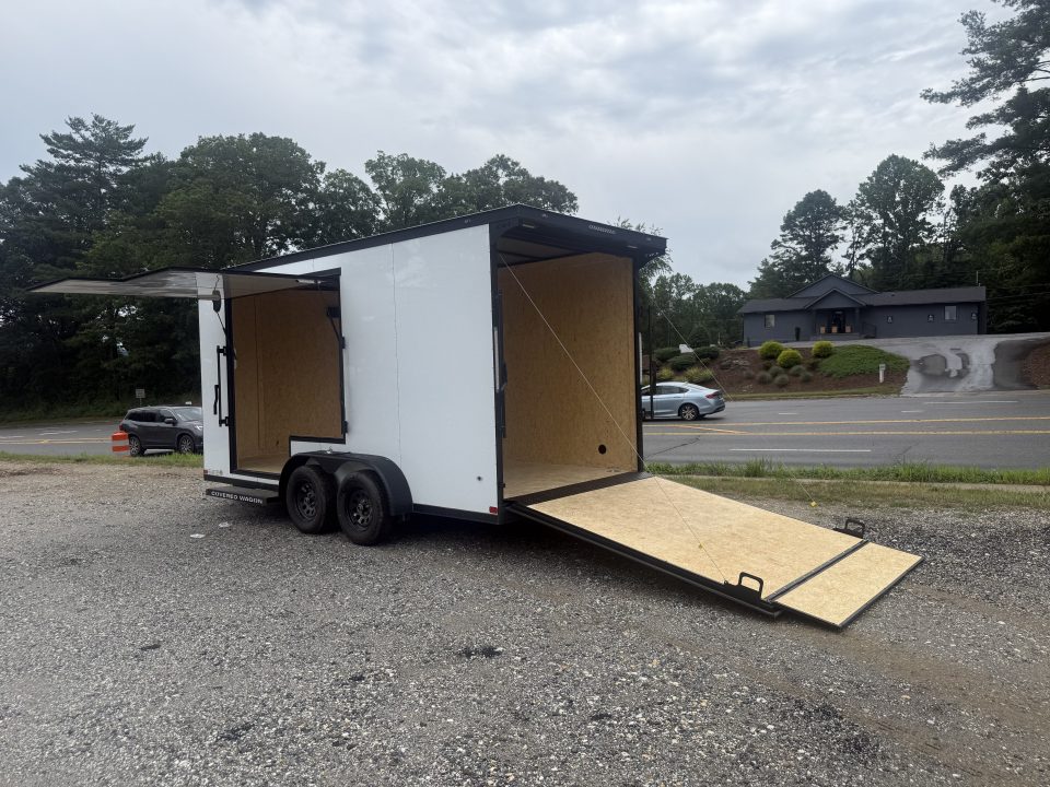 New 2026 Covered Wagon Trailers CW7X16TA2 / Enclosed Trailer / 7' Wide x 16' Long / 7'6" Interior Height / Ramp Rear Door , 48" Side door slide out step / 3500# Brake Axles / .080 Poly Core White / Black Gold Package / Spoiler with load lights