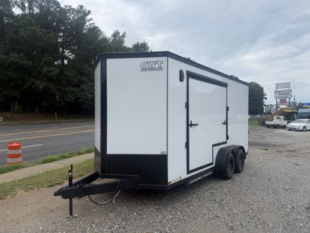 New 2026 Covered Wagon Trailers CW7X16TA2 / Enclosed Trailer / 7' Wide x 16' Long / 7'6" Interior Height / Ramp Rear Door , 48" Side door slide out step / 3500# Brake Axles / .080 Poly Core White / Black Gold Package / Spoiler with load lights