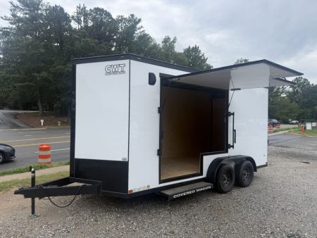 New 2026 Covered Wagon Trailers CW7X16TA2 / Enclosed Trailer / 7' Wide x 16' Long / 7'6" Interior Height / Ramp Rear Door , 48" Side door slide out step / 3500# Brake Axles / .080 Poly Core White / Black Gold Package / Spoiler with load lights