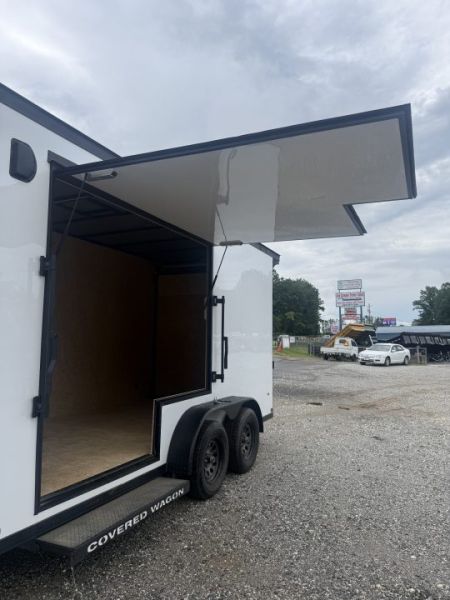 New 2026 Covered Wagon Trailers CW7X16TA2 / Enclosed Trailer / 7' Wide x 16' Long / 7'6" Interior Height / Ramp Rear Door , 48" Side door slide out step / 3500# Brake Axles / .080 Poly Core White / Black Gold Package / Spoiler with load lights