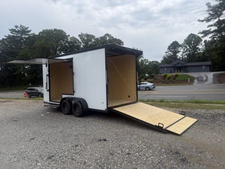 New 2026 Covered Wagon Trailers CW7X16TA2 / Enclosed Trailer / 7' Wide x 16' Long / 7'6" Interior Height / Ramp Rear Door , 48" Side door slide out step / 3500# Brake Axles / .080 Poly Core White / Black Gold Package / Spoiler with load lights