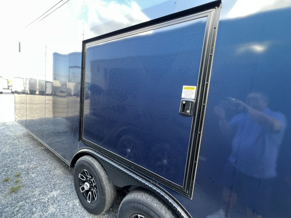 New 2027 Titanium 8.5x24 TA3 Enclosed Cargo Trailer – Indigo Blue Polycore Super Stealth Blackout Package | Escape Door & Rear Spoiler with LED Lights