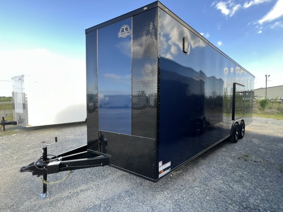 New 2027 Titanium 8.5x24 TA3 Enclosed Cargo Trailer – Indigo Blue Polycore Super Stealth Blackout Package | Escape Door & Rear Spoiler with LED Lights