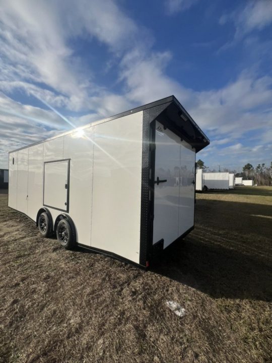 New 2027 Rock Solid Cargo 8.5x20 Tandem Axle Car Racing Trailer –White Polycore Super Stealth Blackout Package