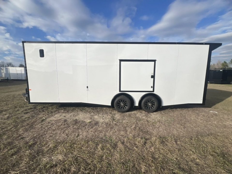 New 2027 Rock Solid Cargo 8.5x20 Tandem Axle Car Racing Trailer –White Polycore Super Stealth Blackout Package