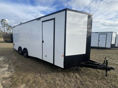 New 2027 Rock Solid Cargo 8.5x20 Tandem Axle Car Racing Trailer –White Polycore Super Stealth Blackout Package