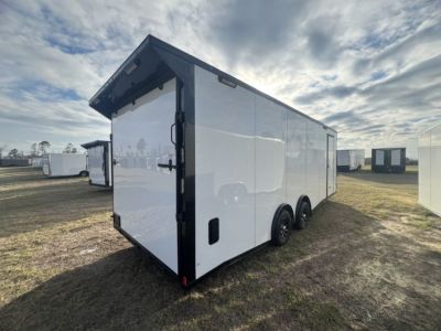 New 2027 Rock Solid Cargo 8.5x20 Tandem Axle Car Racing Trailer –White Polycore Super Stealth Blackout Package