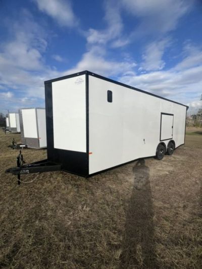 New 2027 Rock Solid Cargo 8.5x20 Tandem Axle Car Racing Trailer –White Polycore Super Stealth Blackout Package