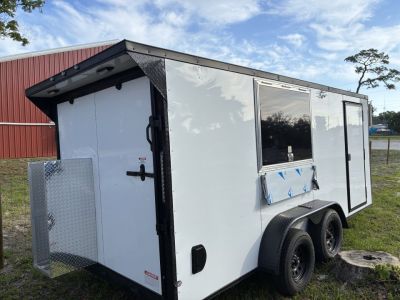 Used 2025 Cargo United LLC Food Truck 7 x 12 Dual Axle White with Blackout Package and Rear Wing with LED Lights Trailer Concession