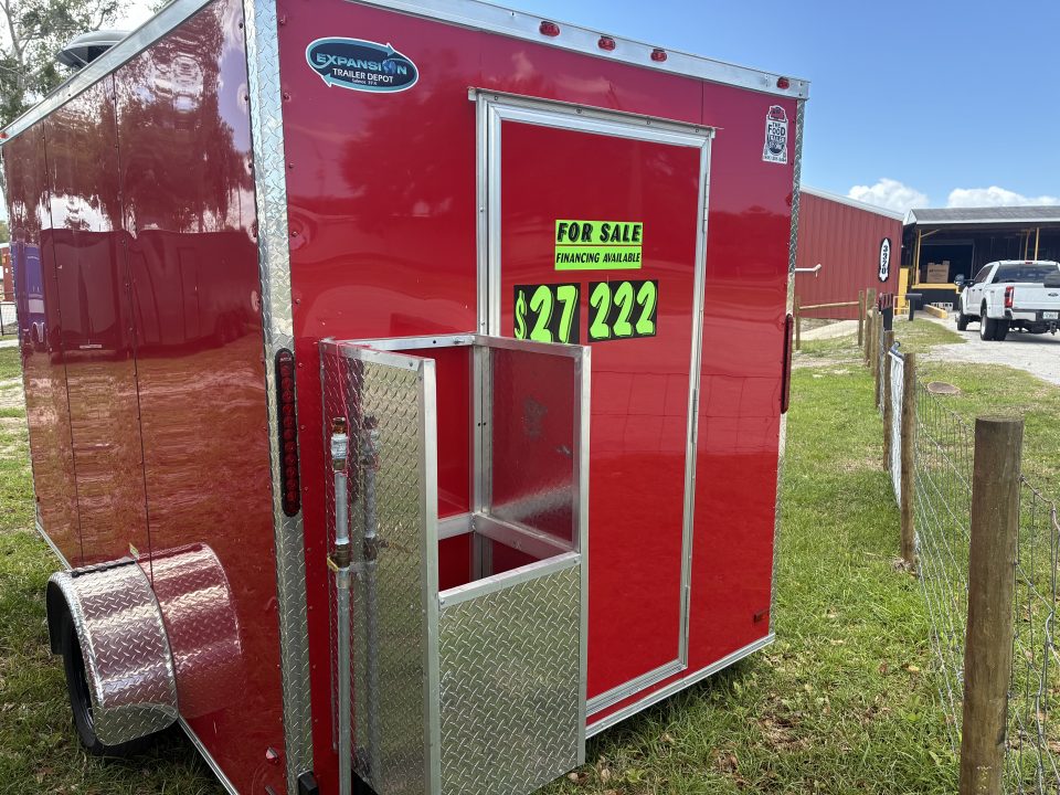 Used 2025 All World Trailers 7 x 12 Red Food Trailer with Pizza Ovens, AC & Propane Tank Holder Concession