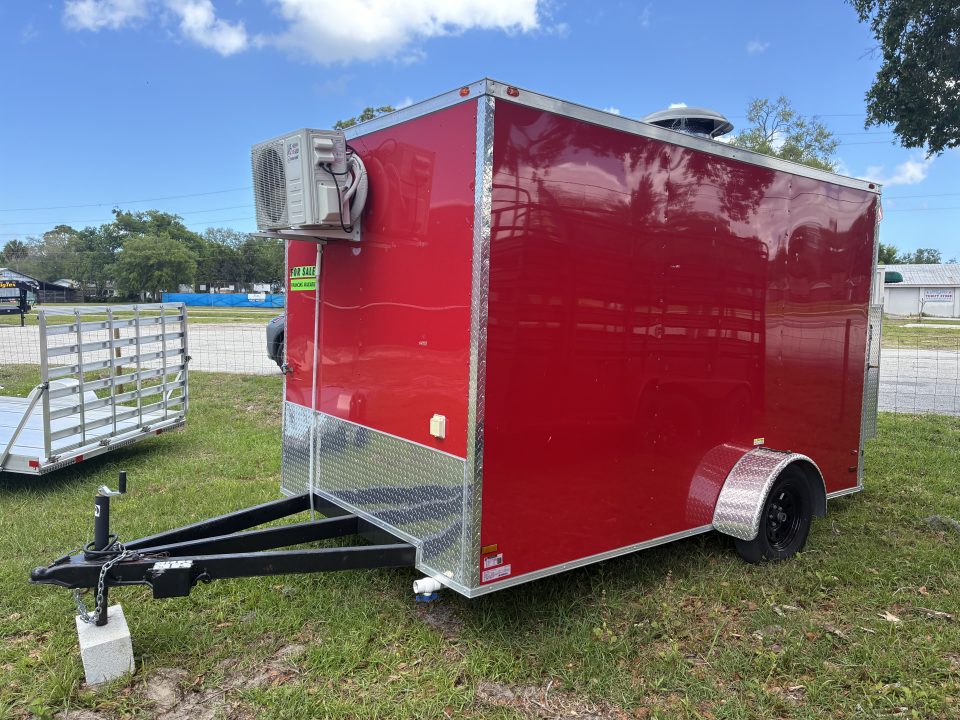 Used 2025 All World Trailers 7 x 12 Red Food Trailer with Pizza Ovens, AC & Propane Tank Holder Concession