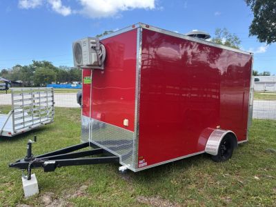 Used 2025 All World Trailers 7 x 12 Red Food Trailer with Pizza Ovens, AC & Propane Tank Holder Concession