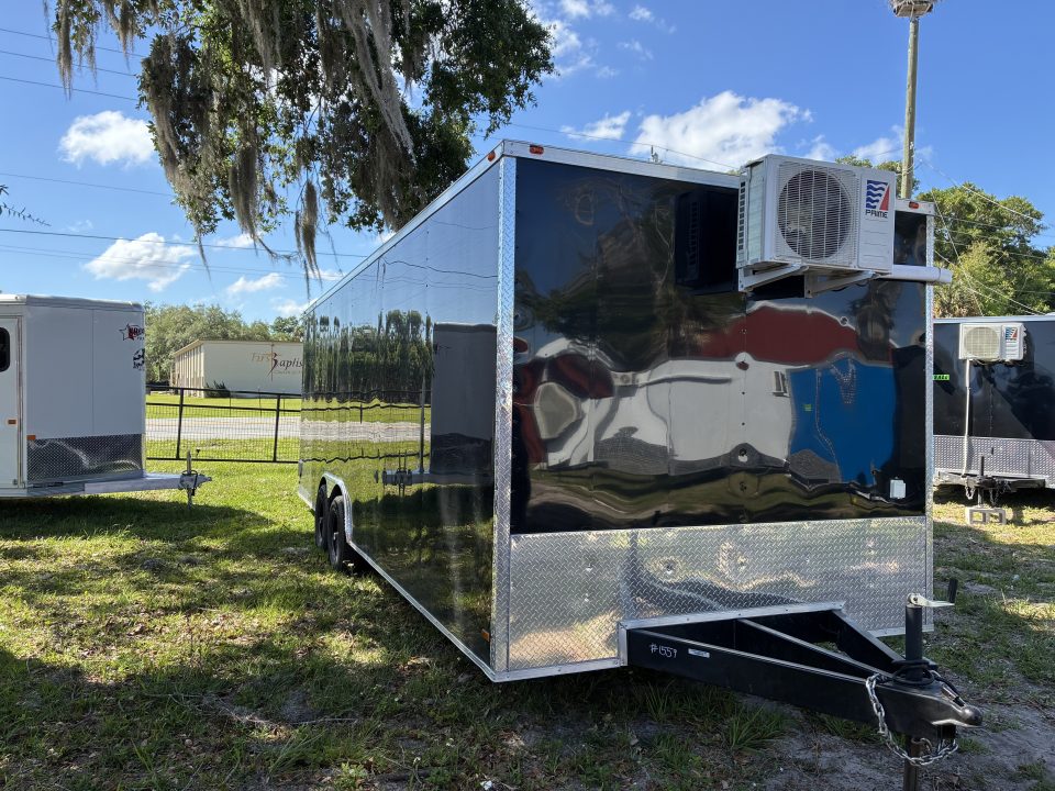 Used 2025 All World Trailers 8.5 X 24 Enclosed Travel Black Trailer with AC Unit with Bunk Beds and Bathroom Cargo / Enclosed Trailer