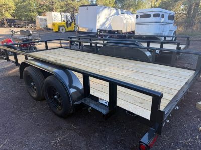 New 2026 Top Hat Trailers 83X16 Pipe Rail Utility Flatbed Trailer Pull out Ramps