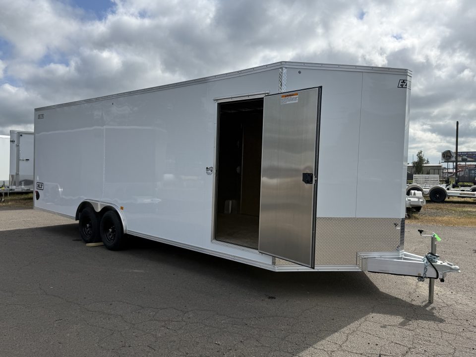 New 2026 ALCOM 8.5x24' EZ Hauler Enclosed Car Hauler XLT Pro Series, White, Side Door:Curbside Front, 3" Addt'l Box Height