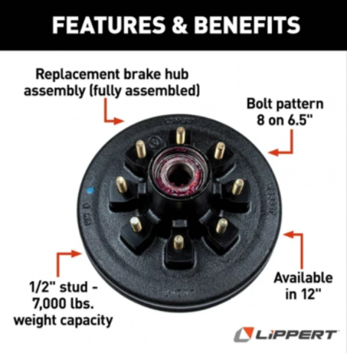 New 12" Hub Assembly 8 on 6.5 Bolt Pattern | 1/2" Studs | 7,000 lb Trailer Hub