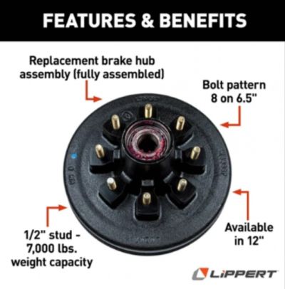 New 12" Hub Assembly 8 on 6.5 Bolt Pattern | 1/2" Studs | 7,000 lb Trailer Hub