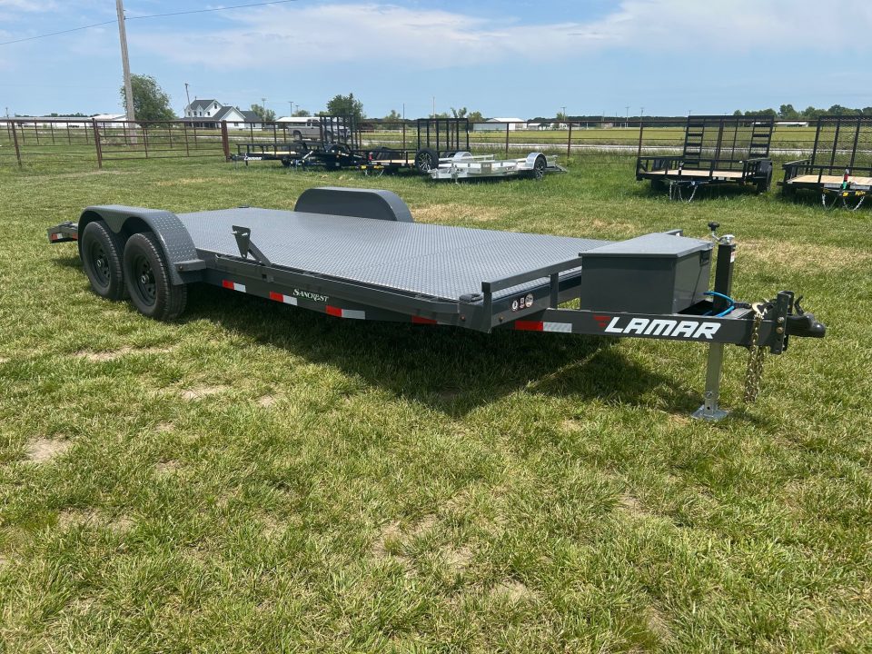 New 2026 Lamar 83x20 Tandem 10K Steel Floor Carhauler w/ Toolbox, 2' Dove, & Slide In Ramps
