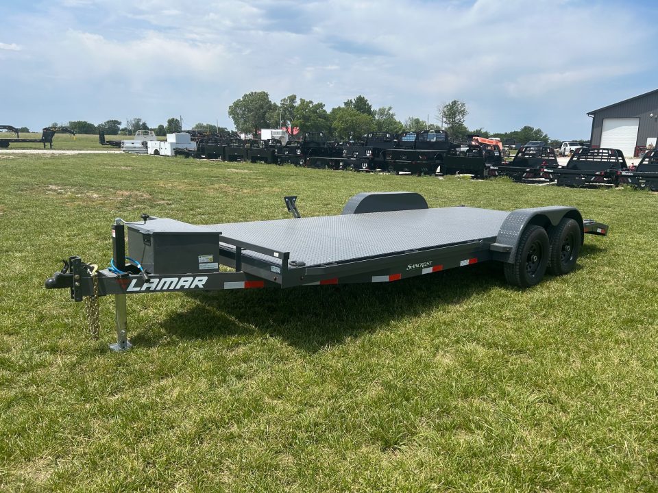 New 2026 Lamar 83x20 Tandem 10K Steel Floor Carhauler w/ Toolbox, 2' Dove, & Slide In Ramps