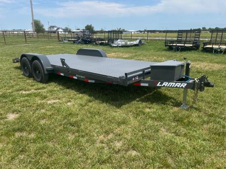 New 2026 Lamar 83x20 Tandem 10K Steel Floor Carhauler w/ Toolbox, 2' Dove, & Slide In Ramps