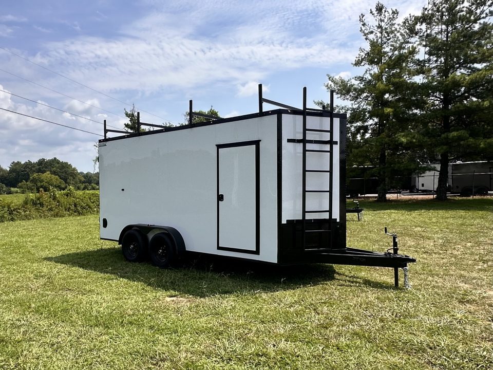 New 2026 7x16 Enclosed Trailer- 5200LB Tandem Axle-ROOF RACKS-DOUBLE DOORS-White Poly-Blackout