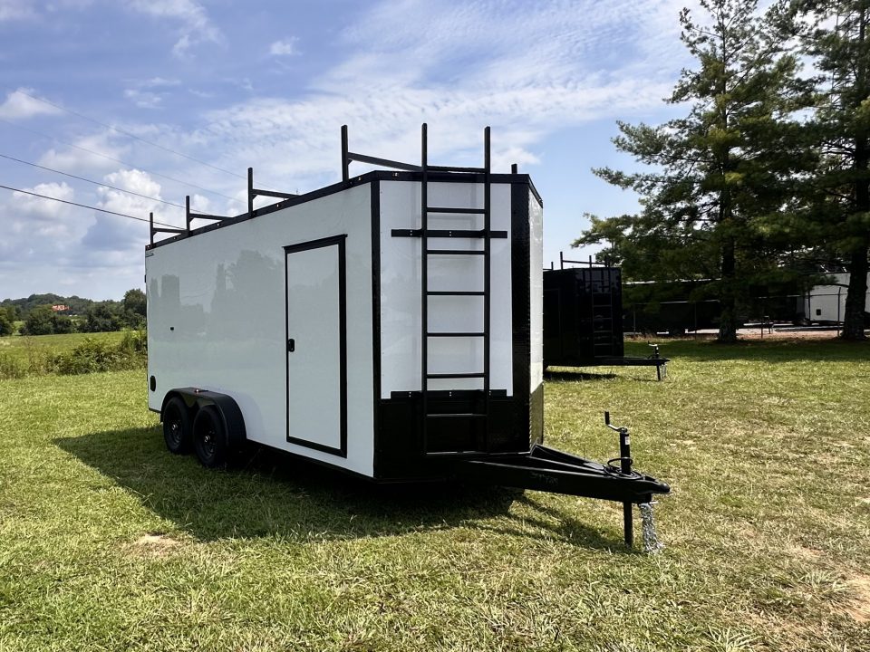 New 2026 7x16 Enclosed Trailer- 5200LB Tandem Axle-ROOF RACKS-DOUBLE DOORS-White Poly-Blackout