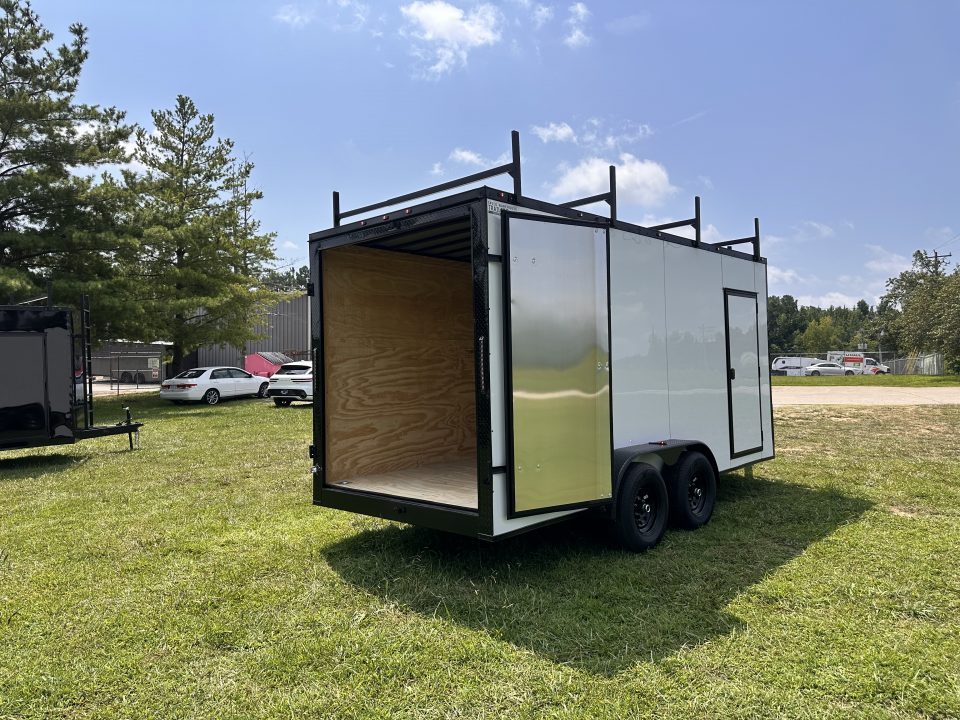 New 2026 7x16 Enclosed Trailer- 5200LB Tandem Axle-ROOF RACKS-DOUBLE DOORS-White Poly-Blackout