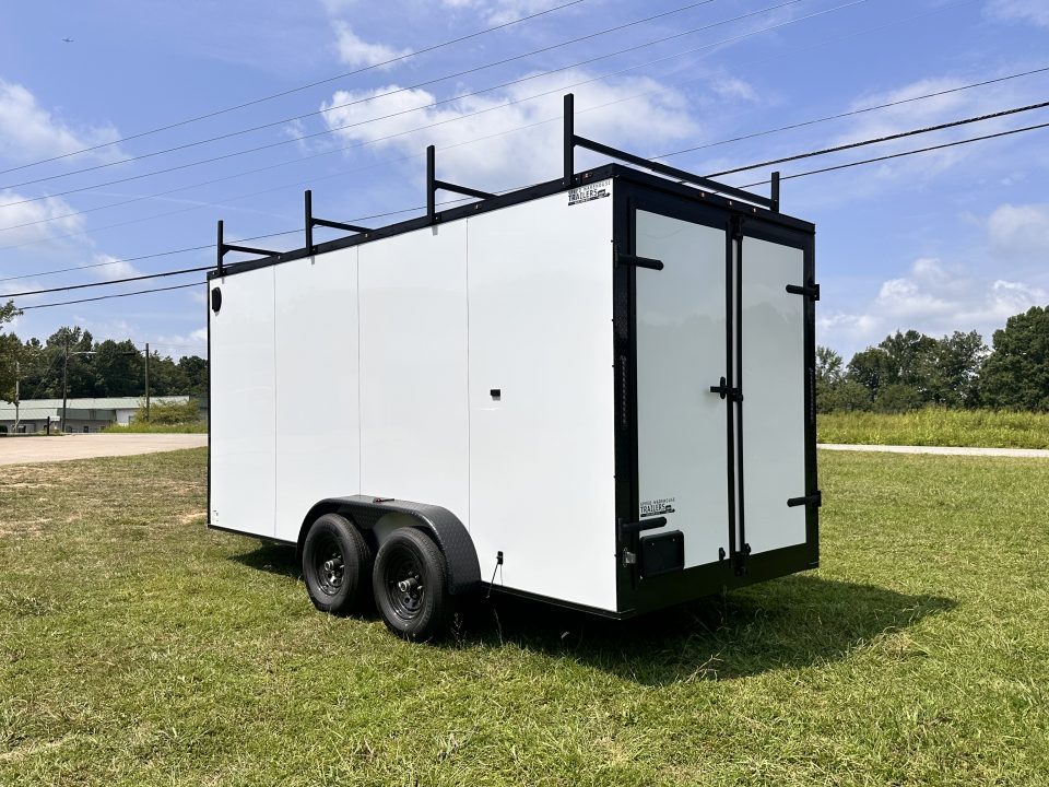 New 2026 7x16 Enclosed Trailer- 5200LB Tandem Axle-ROOF RACKS-DOUBLE DOORS-White Poly-Blackout