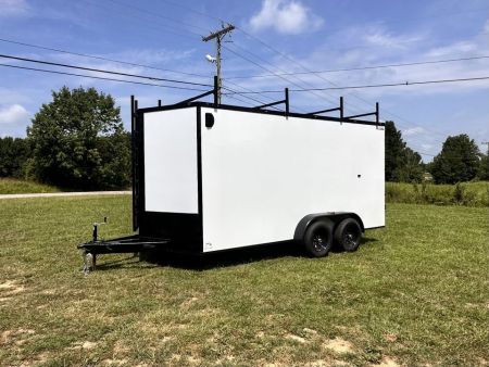 New 2026 7x16 Enclosed Trailer- 5200LB Tandem Axle-ROOF RACKS-DOUBLE DOORS-White Poly-Blackout