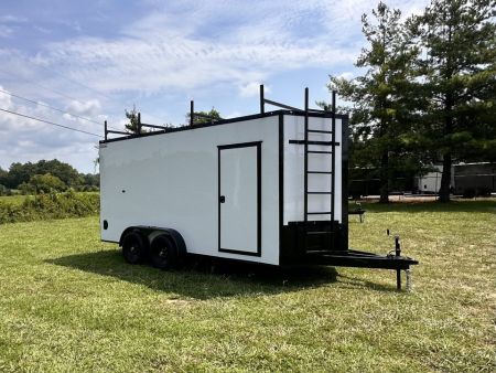 New 2026 7x16 Enclosed Trailer- 5200LB Tandem Axle-ROOF RACKS-DOUBLE DOORS-White Poly-Blackout
