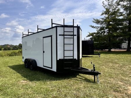 New 2026 7x16 Enclosed Trailer- 5200LB Tandem Axle-ROOF RACKS-DOUBLE DOORS-White Poly-Blackout