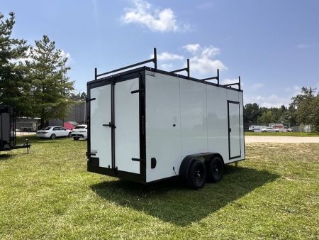 New 2026 7x16 Enclosed Trailer- 5200LB Tandem Axle-ROOF RACKS-DOUBLE DOORS-White Poly-Blackout