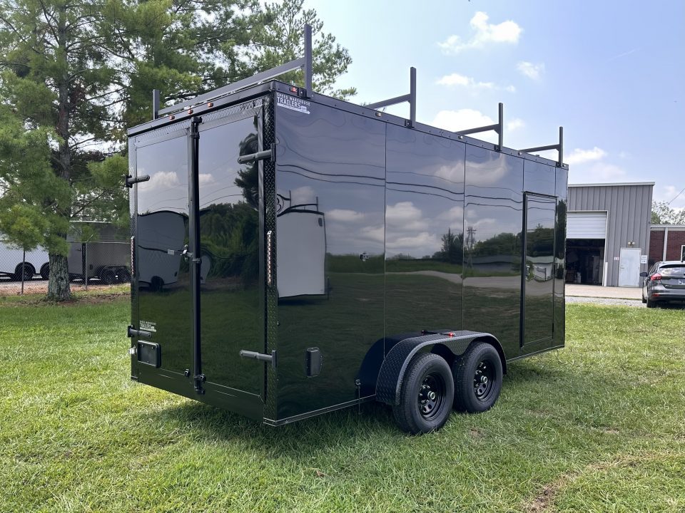 New 2026 7x16 Enclosed Trailer- 5200LB Tandem Axle-ROOF RACKS-DOUBLE DOORS-Black Poly-Blackout