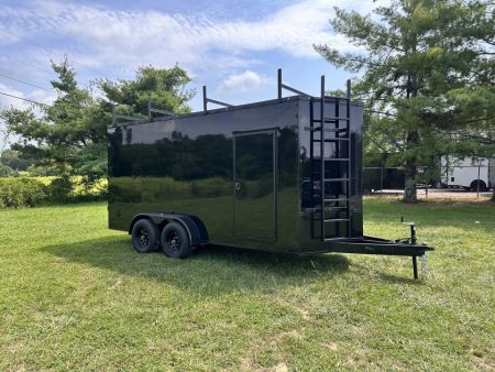 New 2026 7x16 Enclosed Trailer- 5200LB Tandem Axle-ROOF RACKS-DOUBLE DOORS-Black Poly-Blackout