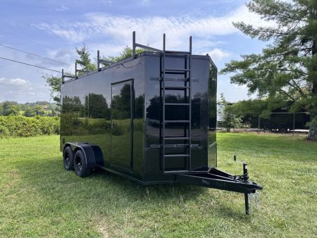 New 2026 7x16 Enclosed Trailer- 5200LB Tandem Axle-ROOF RACKS-DOUBLE DOORS-Black Poly-Blackout