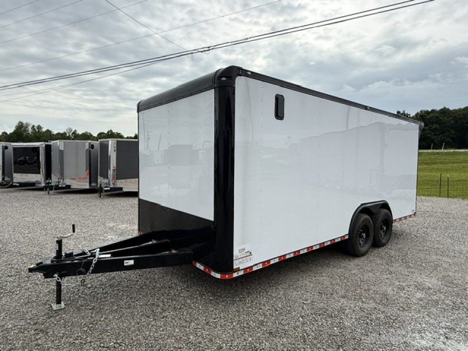 New Outlaw 8.5x20 12k White Black-Out W/ Flat Front, Rear Wing, Integrated Ramp Flap, and Rubber Coin Floor