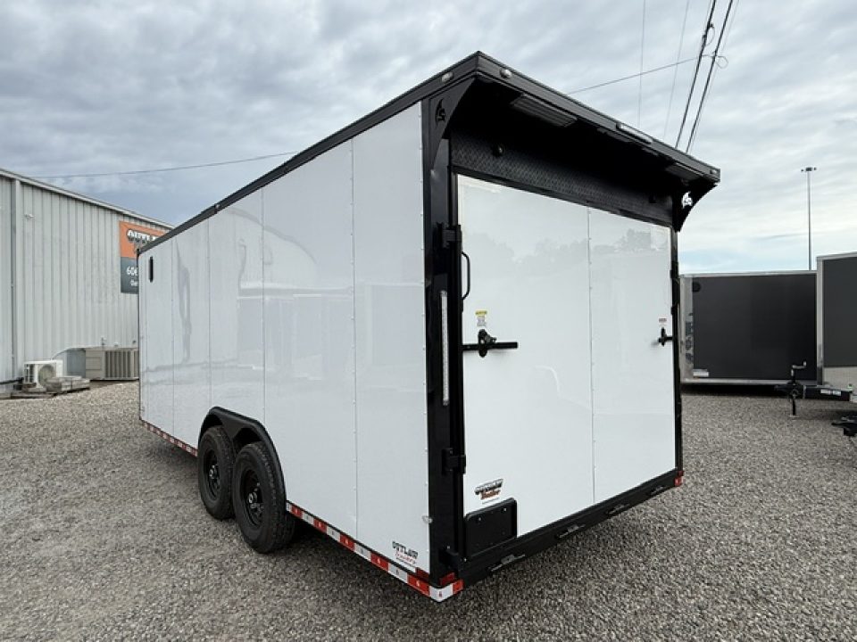New Outlaw 8.5x20 12k White Black-Out W/ Flat Front, Rear Wing, Integrated Ramp Flap, and Rubber Coin Floor