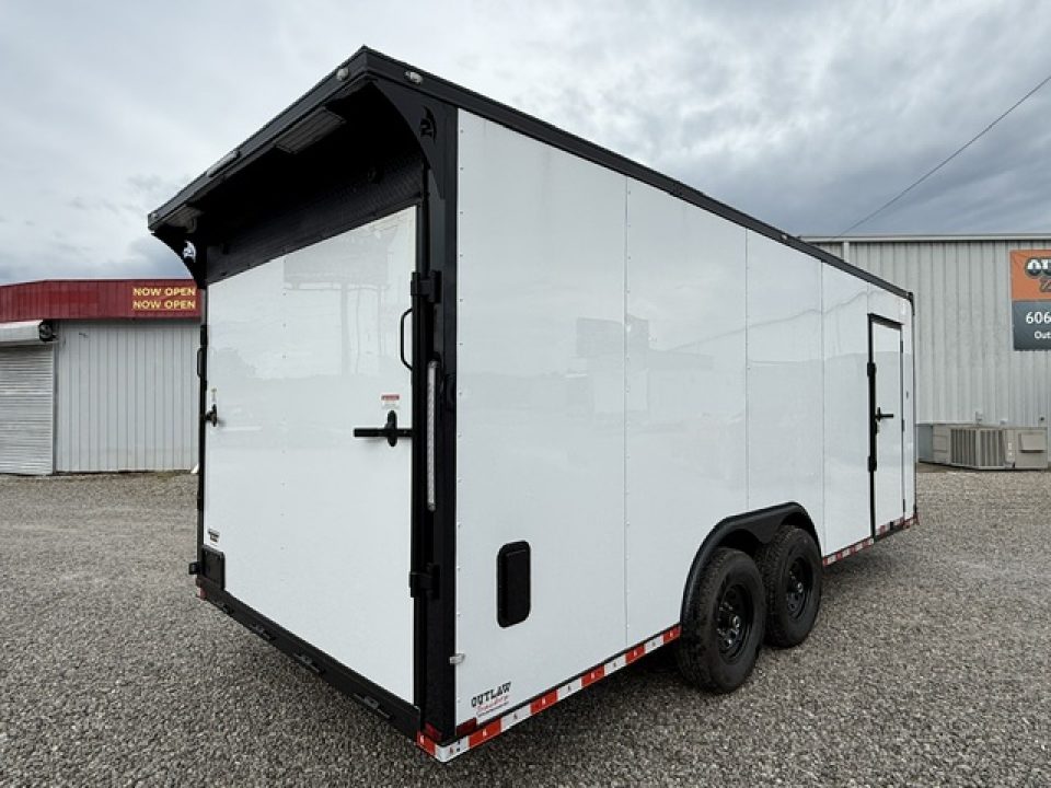 New Outlaw 8.5x20 12k White Black-Out W/ Flat Front, Rear Wing, Integrated Ramp Flap, and Rubber Coin Floor